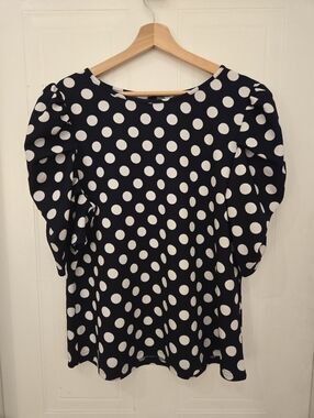 Navy Blue and White Polka Dot Puff Sleeve Top 2XL